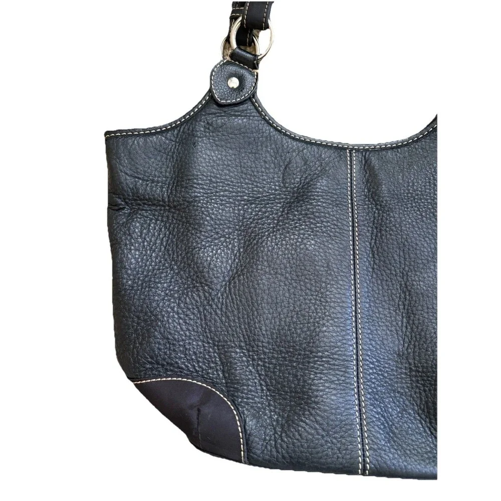 The Sak Black Pebbled Leather Shoulder Bag Buckles Silver Hardware Stitching